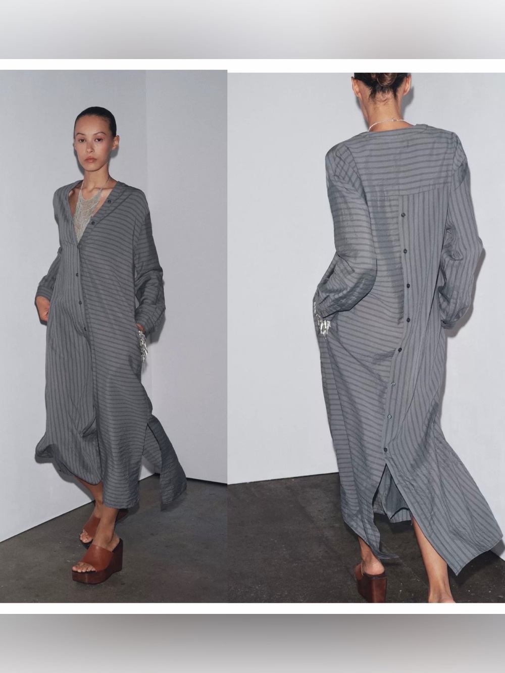 Zara Striped Button Maxi Shirt Dress Gray Size Small